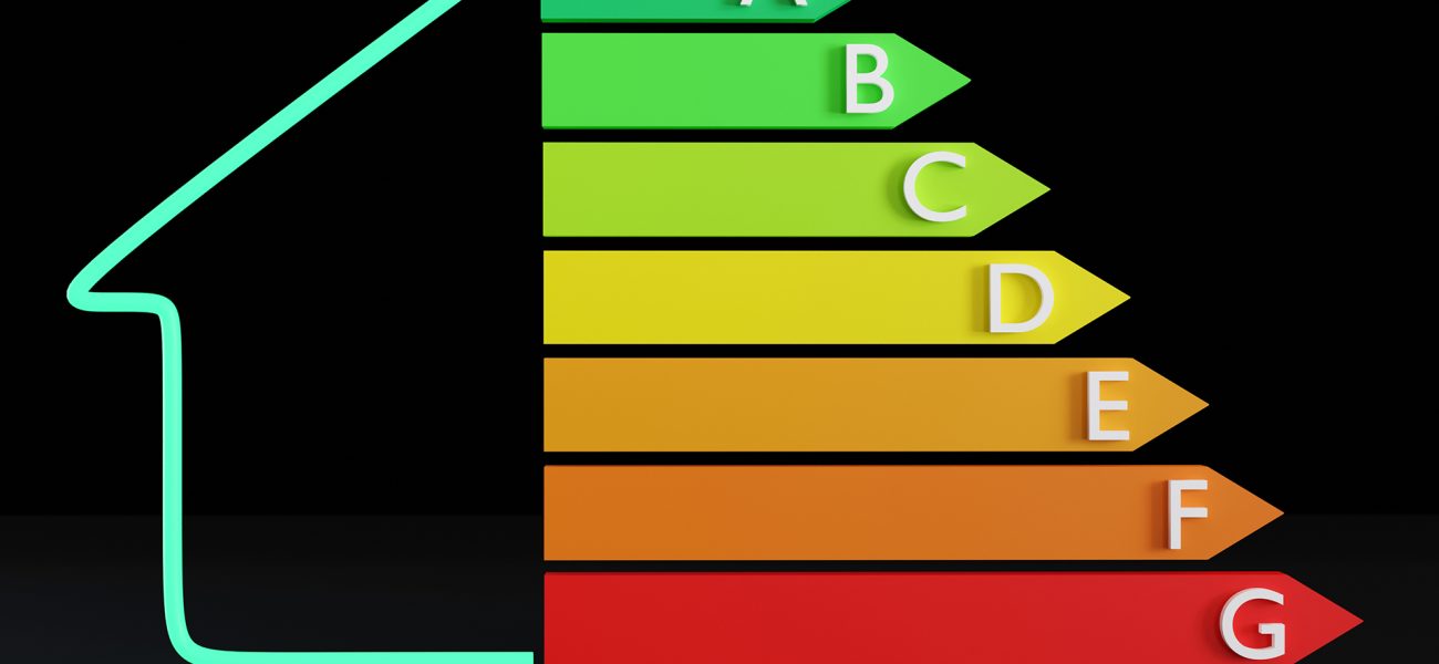 Energy efficiency rating chart and house on black background. Ecological and bio energetic home. Energy class, performance certificate, rating graph. Eco friendly, energy saving. 3d rendering